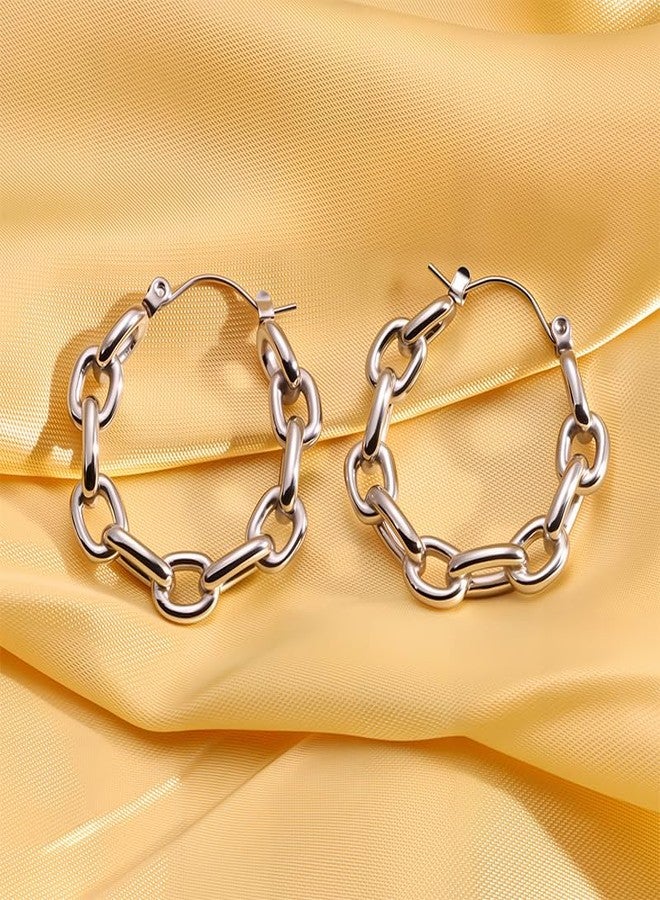 MarveBard 18k Gold Hoop Charm Earrings Dainty Stainless Steel Paperclip Link Chain Hoop Earrings Lightweight Hypoallergenic Huggie Hoops Earring Chunky Hoops Statement Earring Trendy Jewelry (Silver) - Image 3